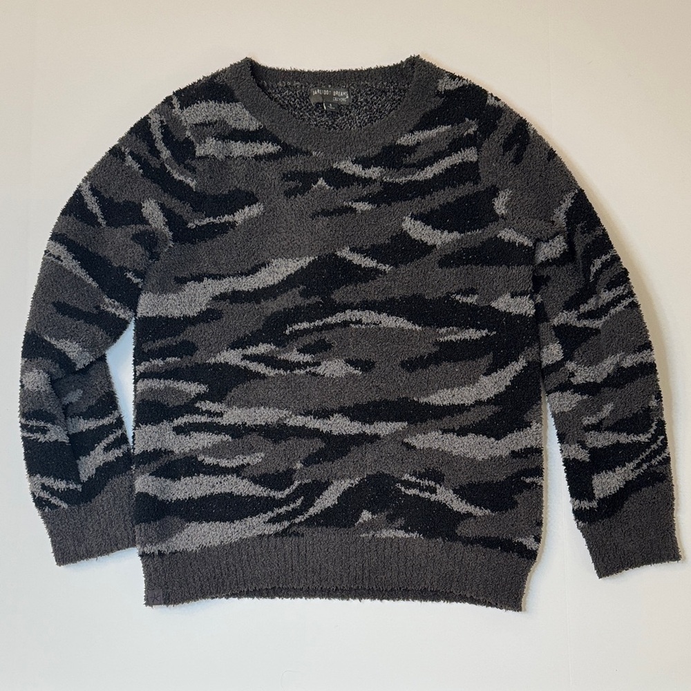 Barefoot Dreams CozyChic Camo Crewneck Sweater Small Black Gray Ultra Soft